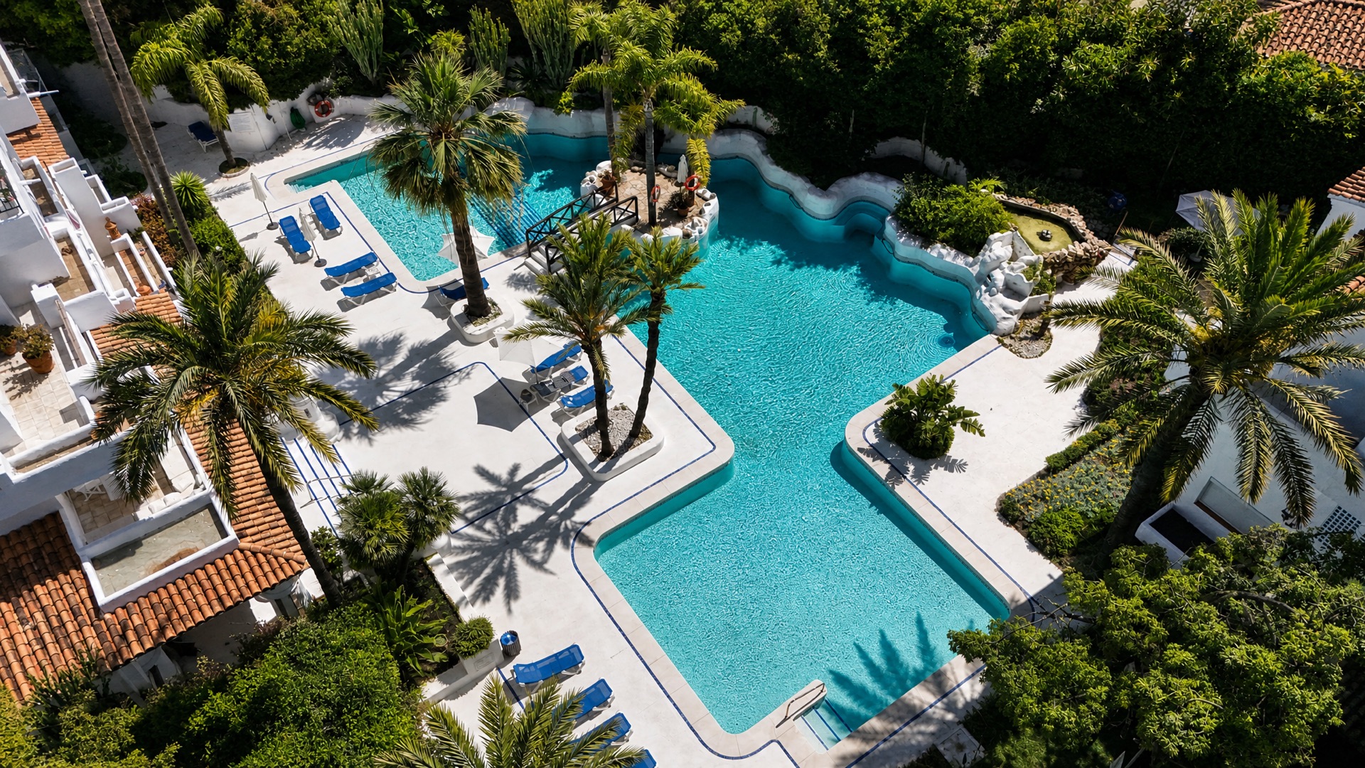 Aerial community pool area at the La Isla penthouse