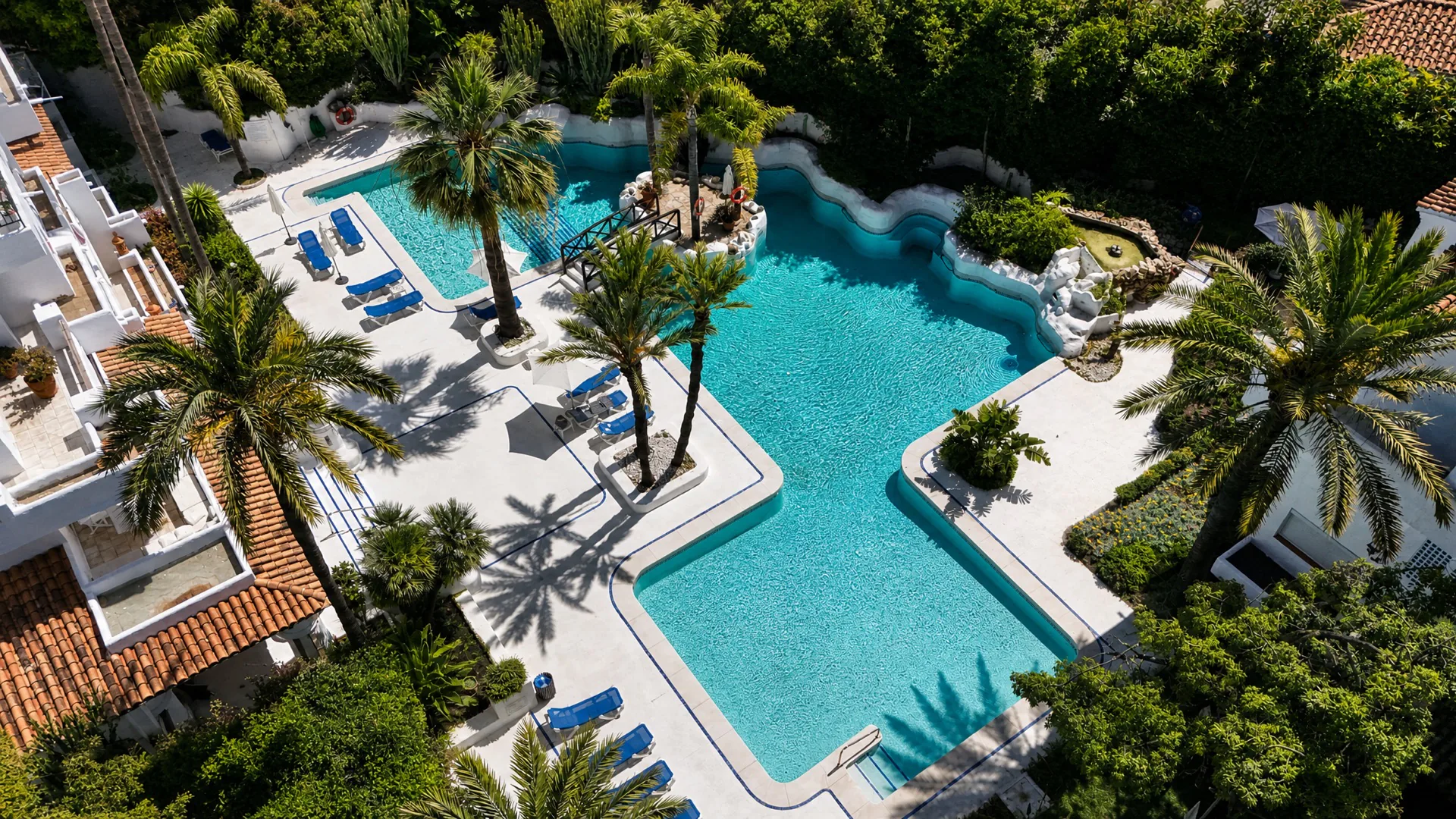 Aerial community pool area at the La Isla penthouse