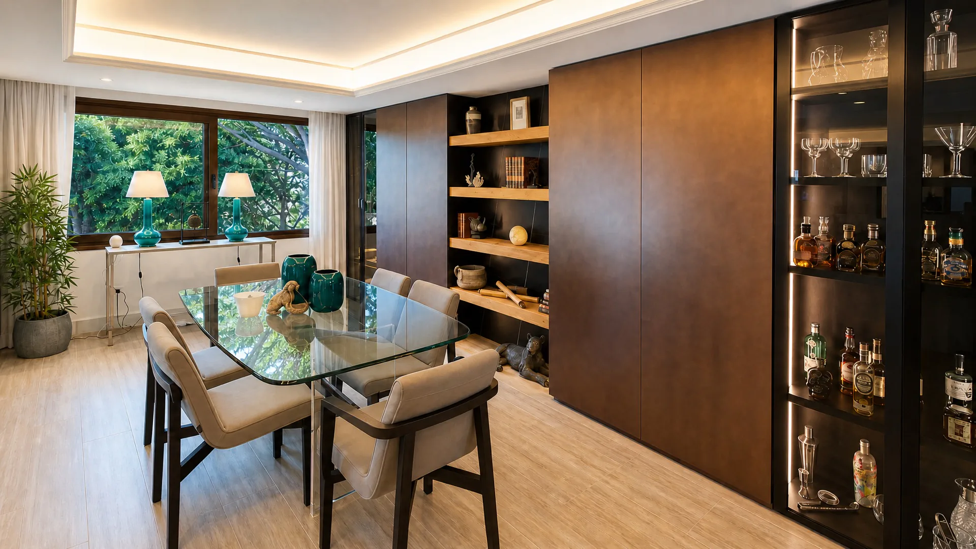 Dining room with glass table at the La Isla penthouse