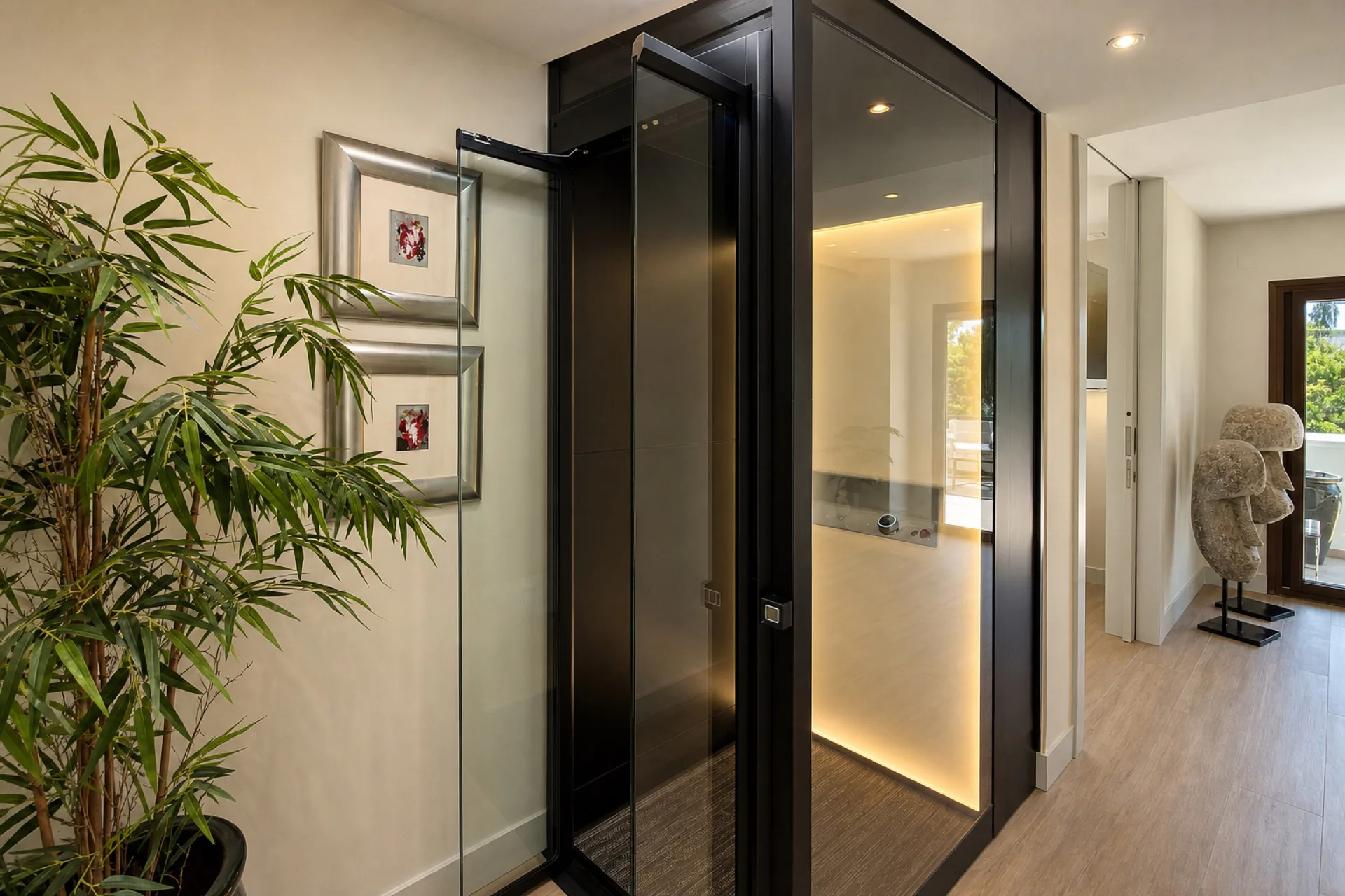 Modern home elevator in hallway at the La Isla penthouse