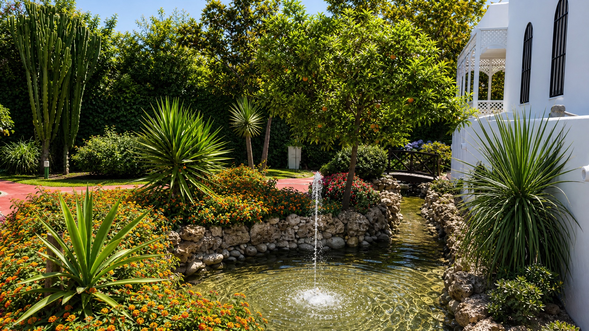 Community garden pond with fountain at the La Isla penthouse