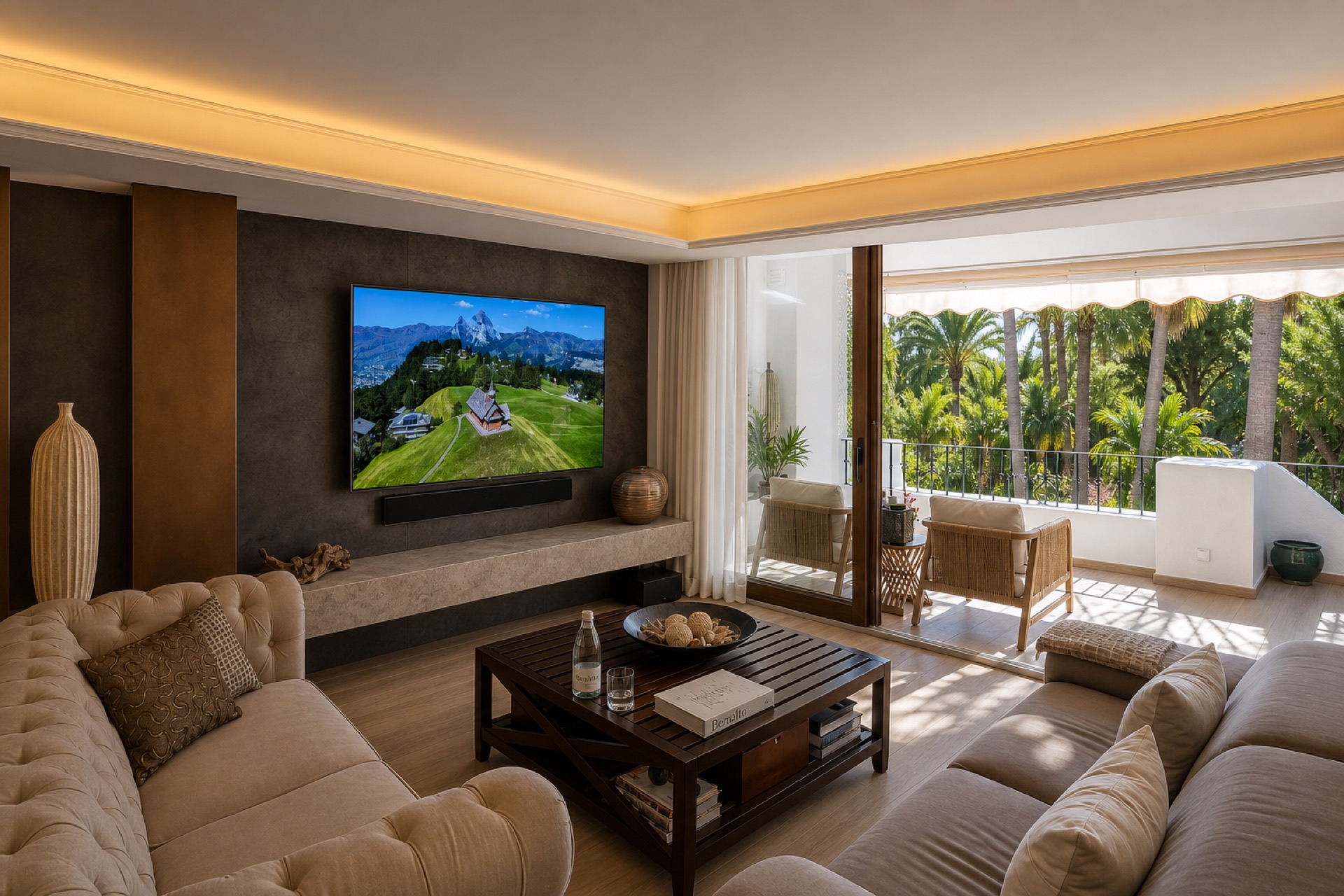 Bright living room with terrace at the La Isla penthouse