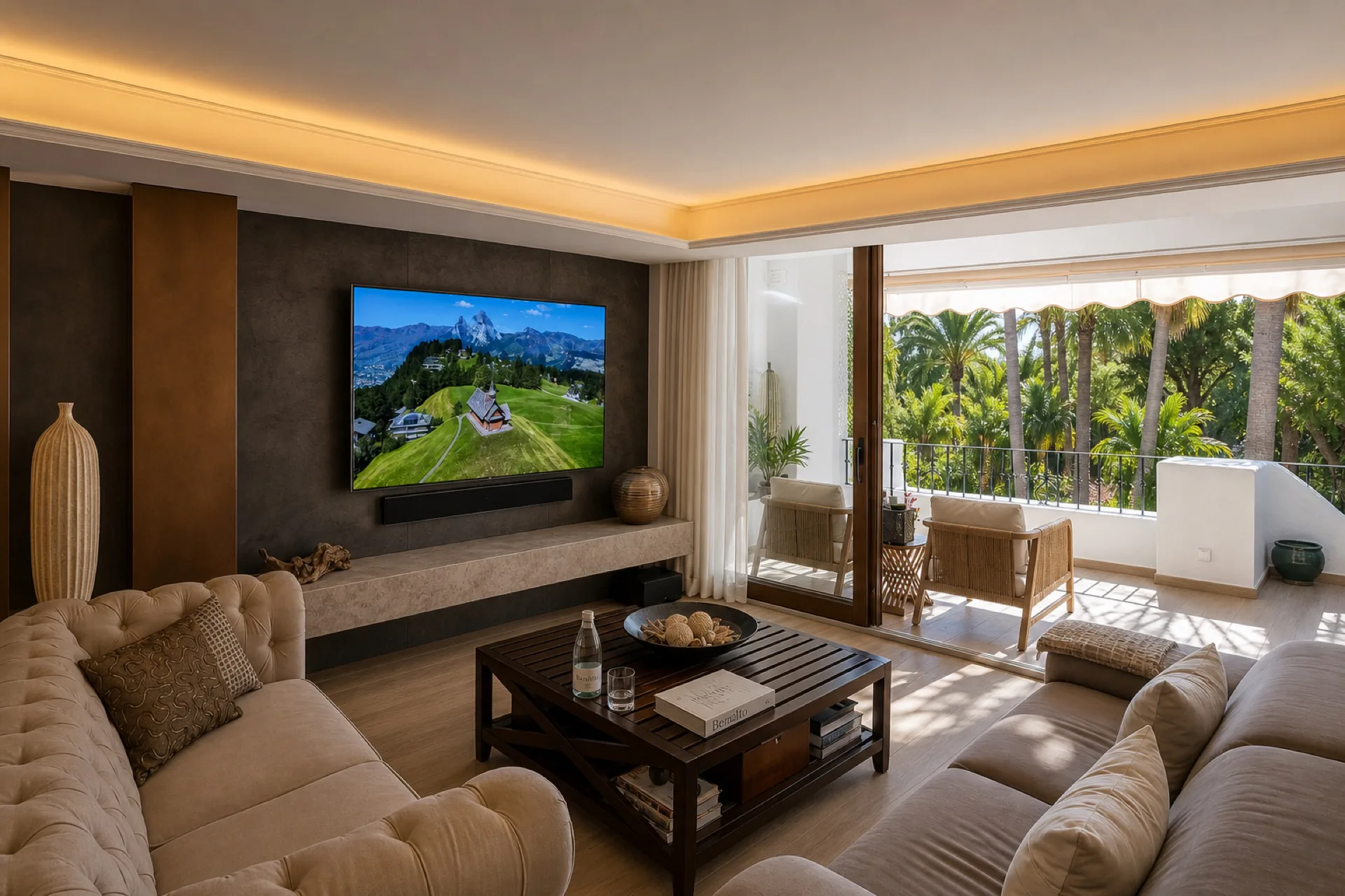 Bright living room with terrace at the La Isla penthouse