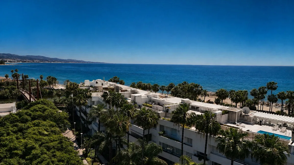 Aerial seafront complex beach view at the La Isla penthouse