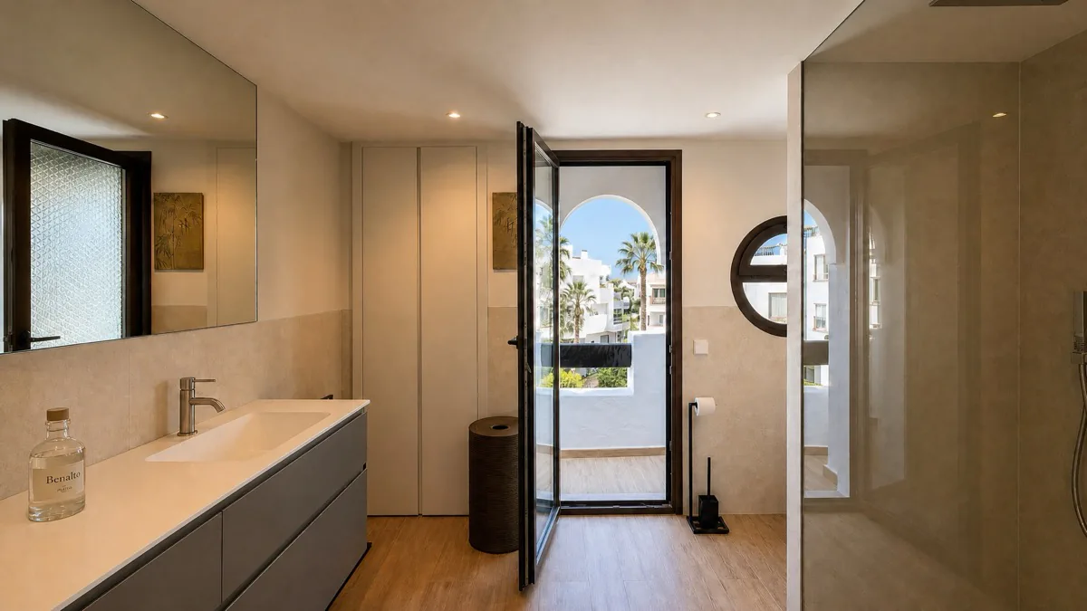 Modern master bathroom with balcony at the La Isla penthouse