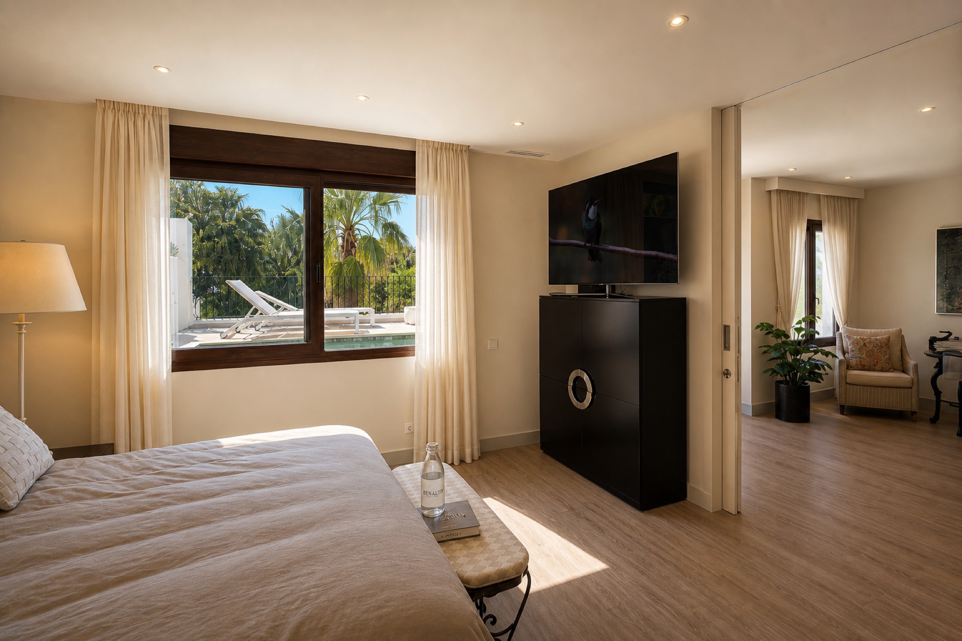 Master bedroom with private pool view at the La Isla penthouse