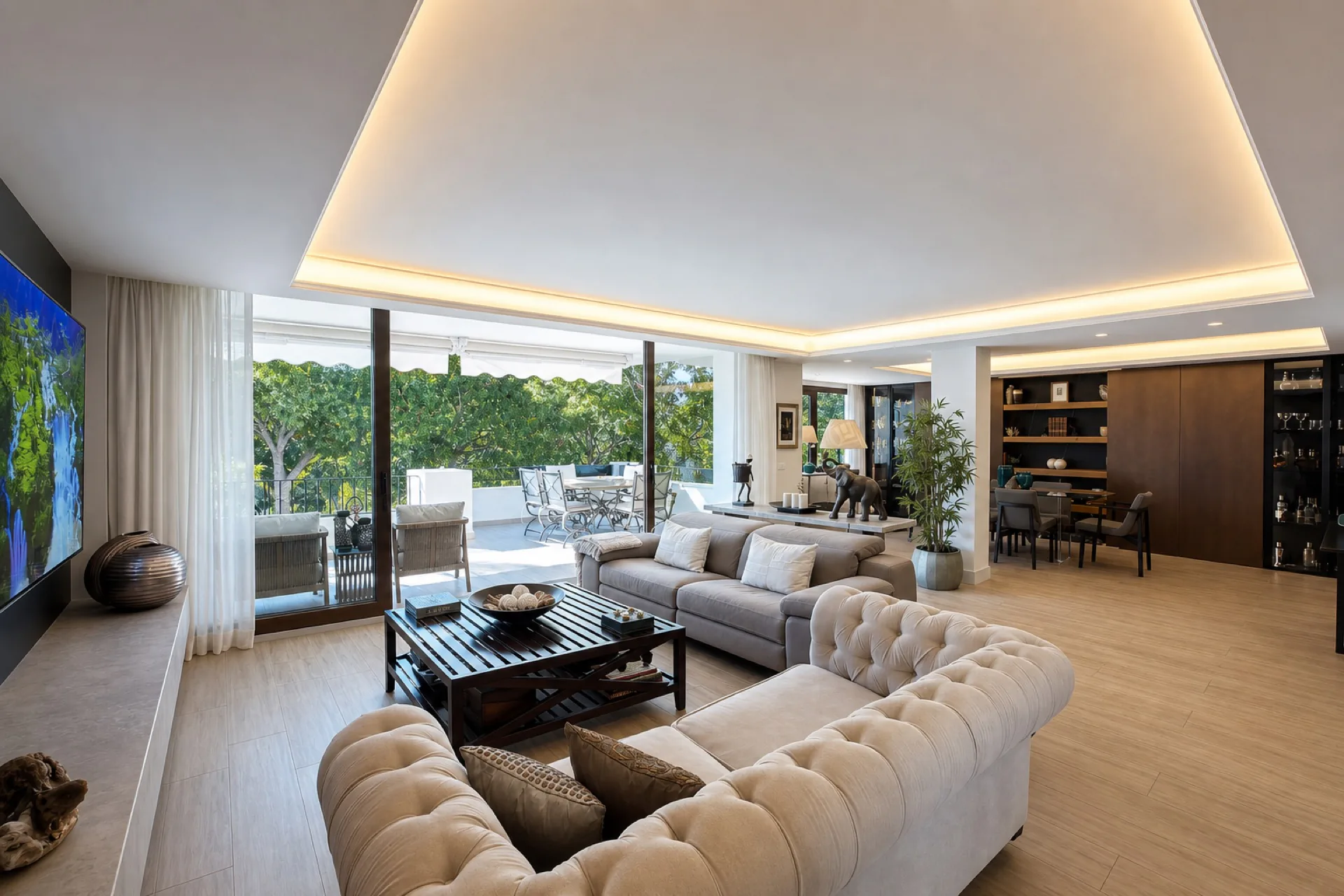 Bright living room with terrace at the La Isla penthouse