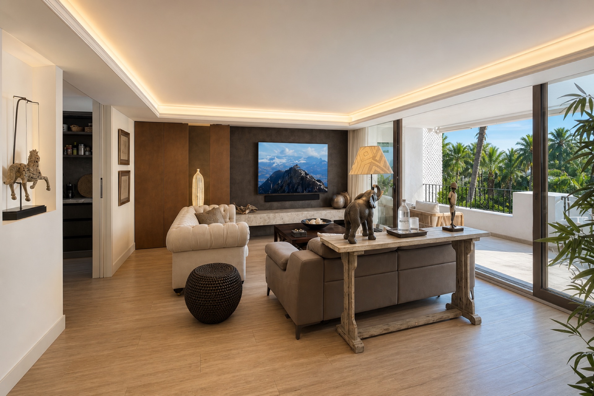 Bright living room with terrace at the La Isla penthouse