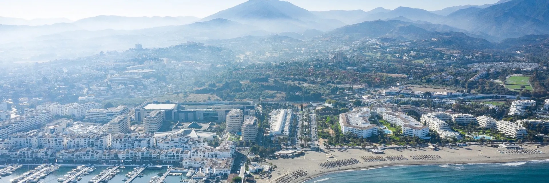 Aerial view of the Puerto Banús marina and beach, La Concha behind