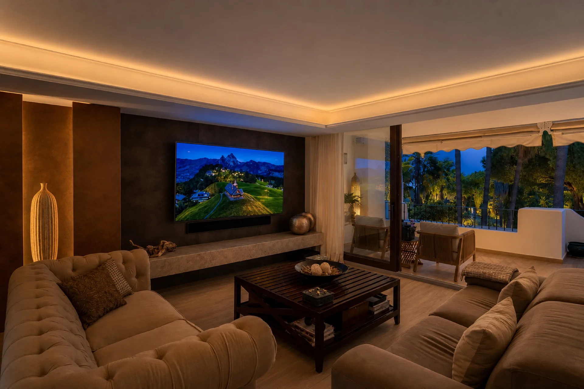 Cozy evening living room with balcony view at the La Isla penthouse