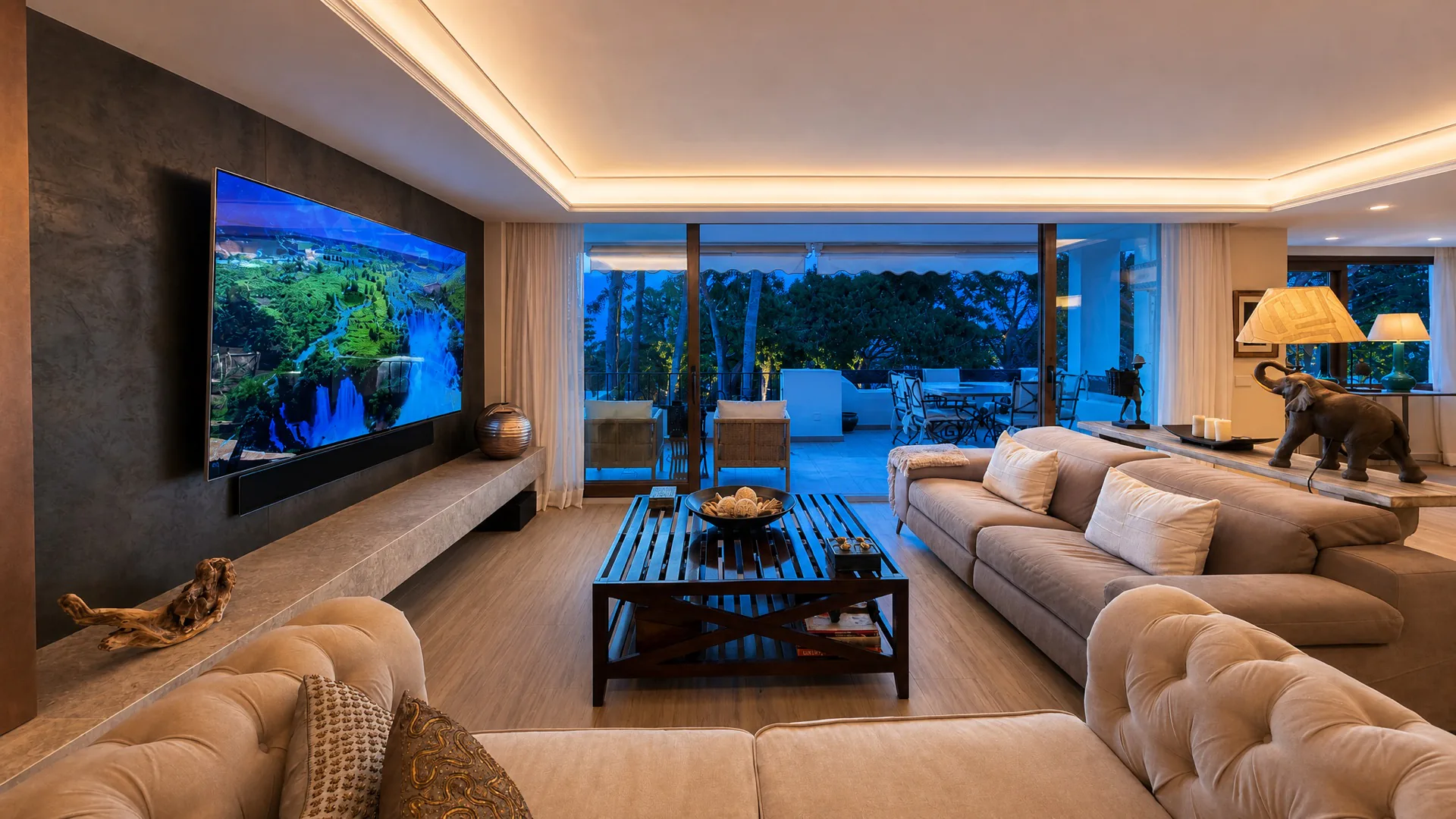 Spacious living room with terrace view at the La Isla penthouse