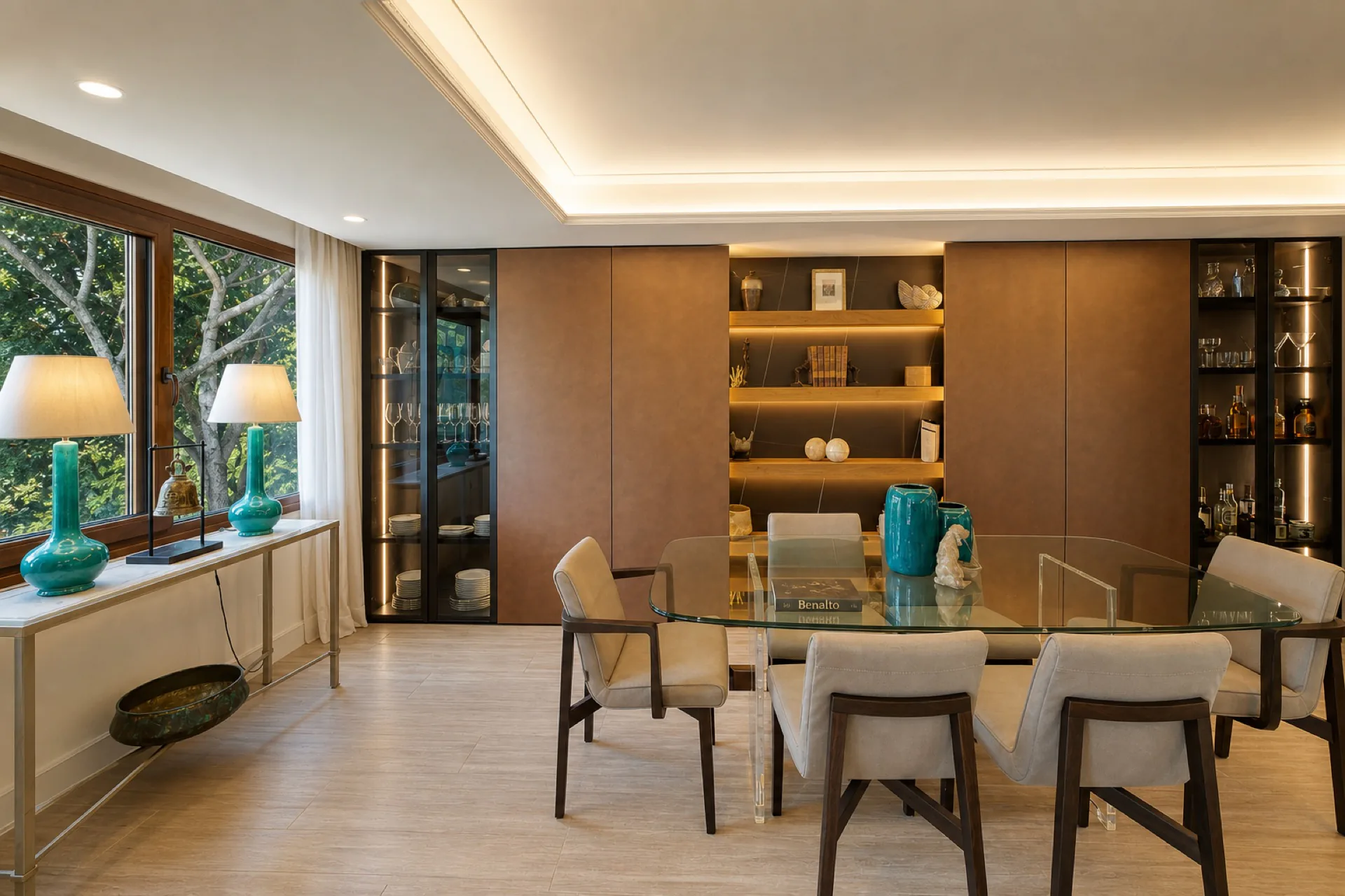 Stylish dining room with glass table at the La Isla penthouse