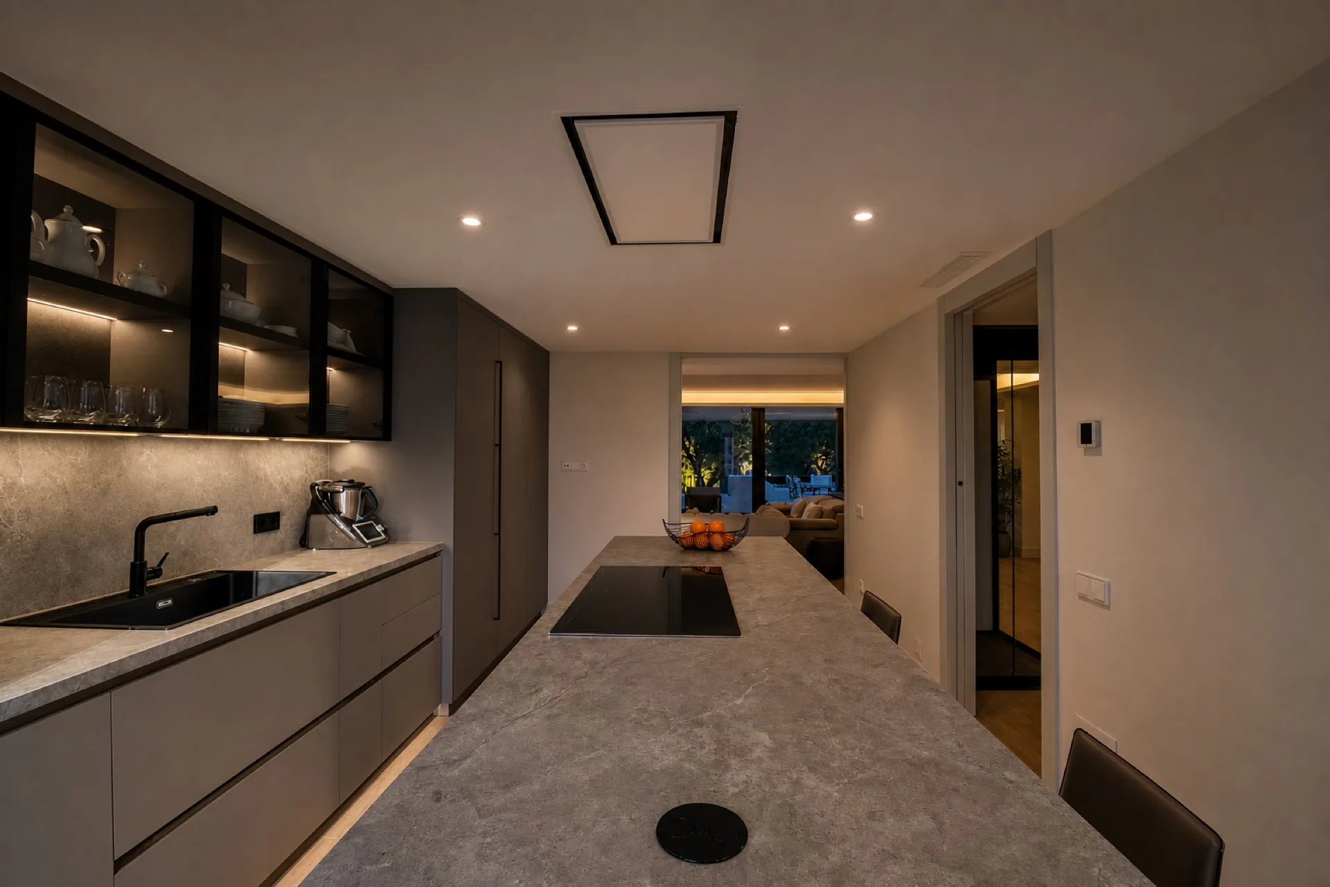 Modern kitchen with island at the La Isla penthouse