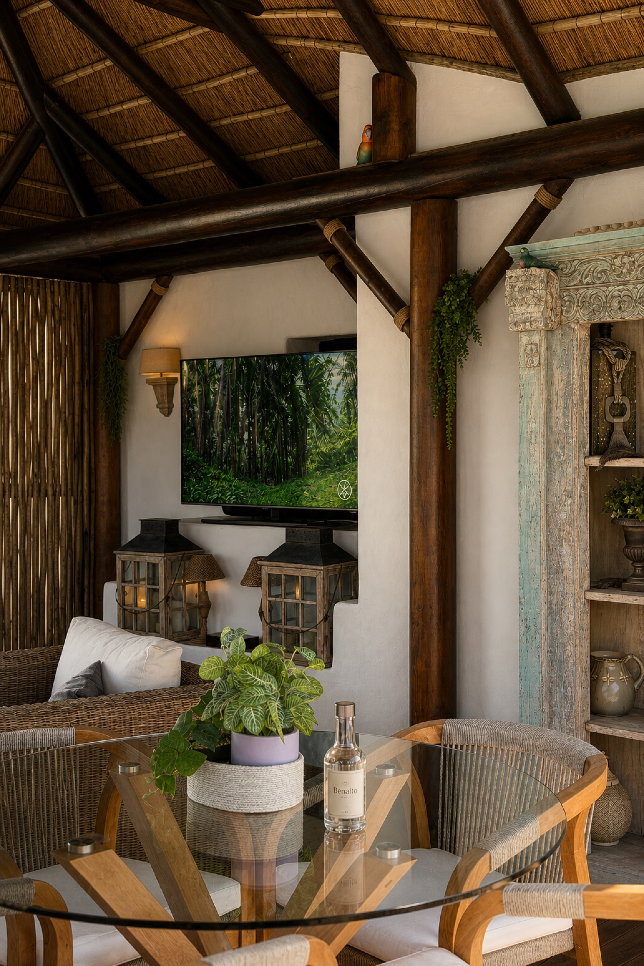 Covered terrace with dining table at the La Isla penthouse