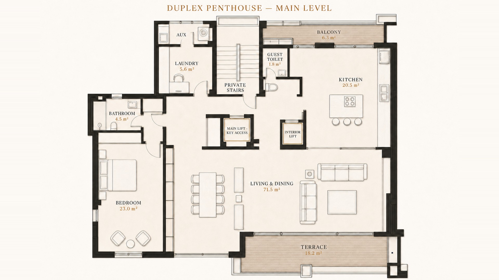 Floor plan of the main level: 72 m² living and dining room, 21 m² kitchen, 23 m² bedroom suite, study and laundry