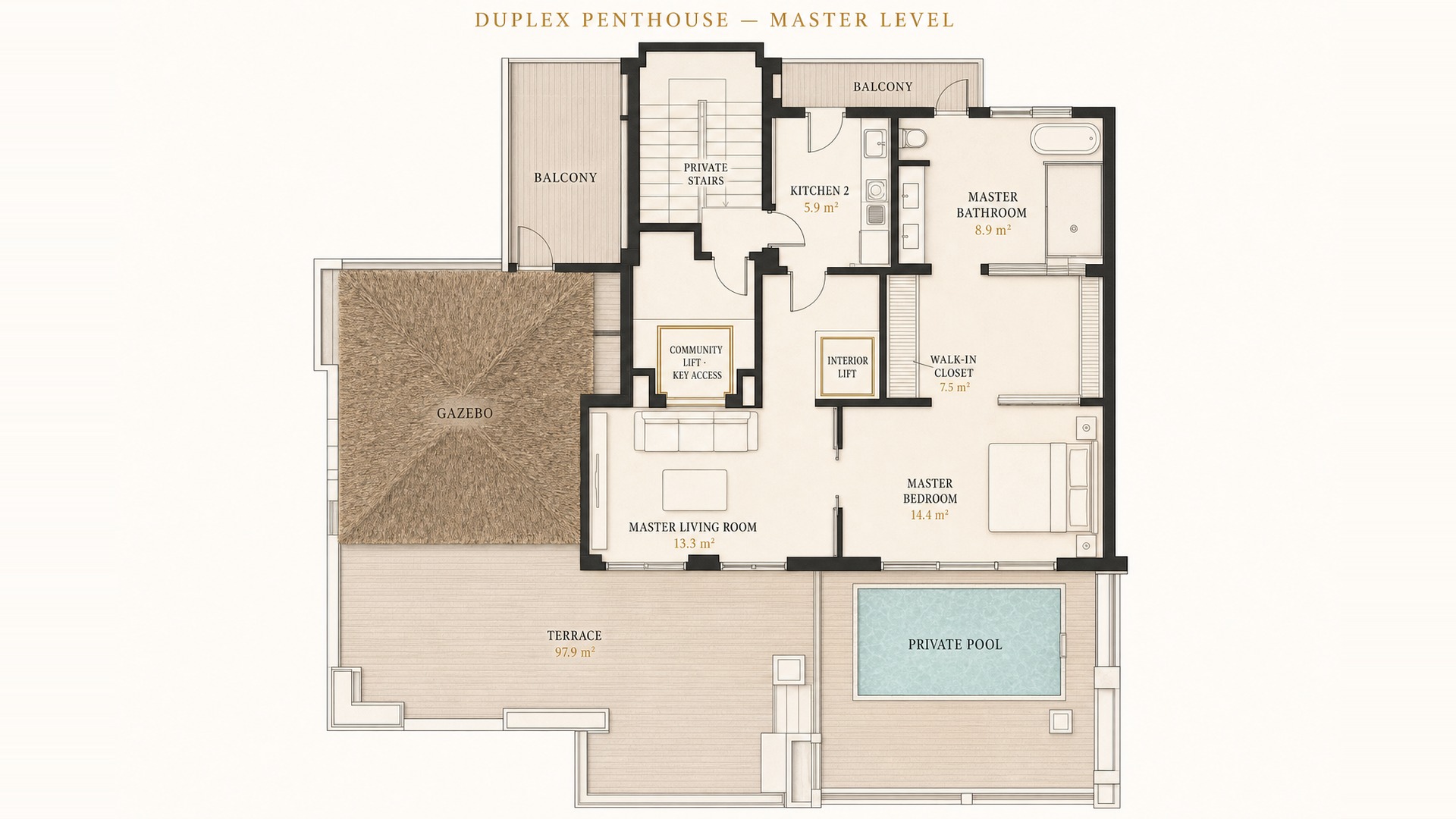 Floor plan of the master level: master suite with dressing room and bathroom, second kitchen, and the 98 m² terrace with palapa and private pool